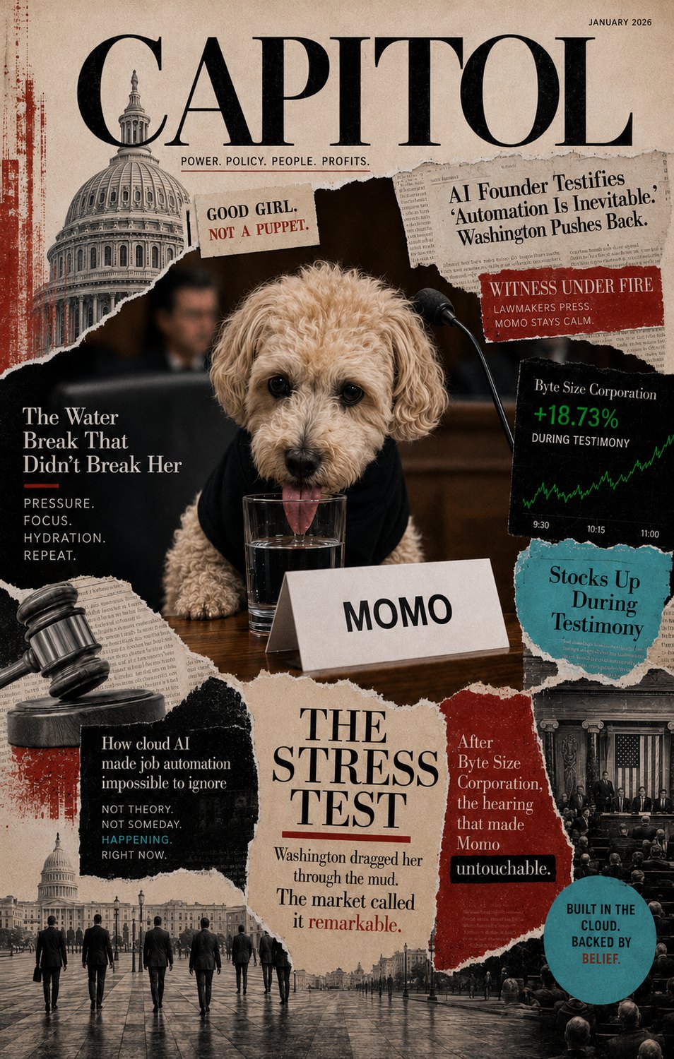 CAPITOL collage cover, 'The Stress Test', with Momo lapping from a water glass while testifying before Congress.