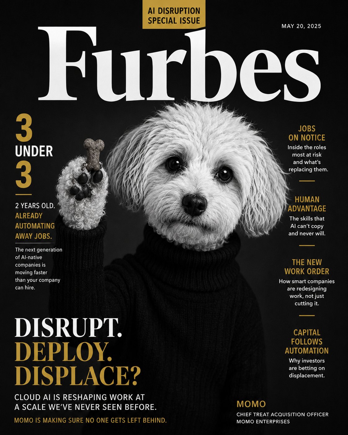 A Furbes magazine cover, '3 Under 3', with Momo holding a treat.