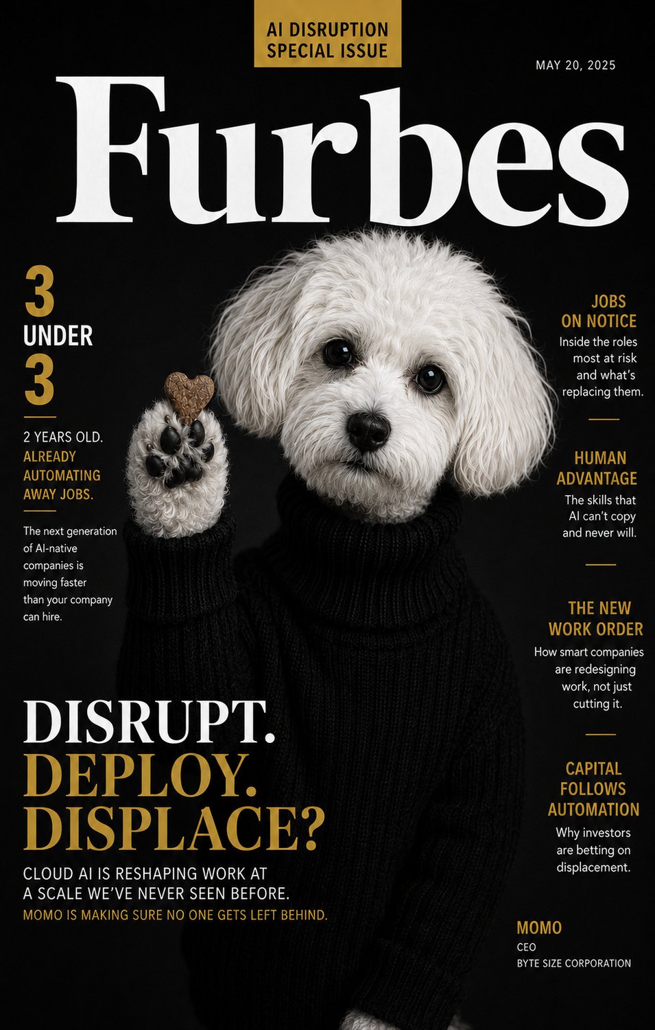 Furbes 'AI Disruption Special Issue' cover, '3 Under 3', with Momo in a black turtleneck raising a paw with a treat.