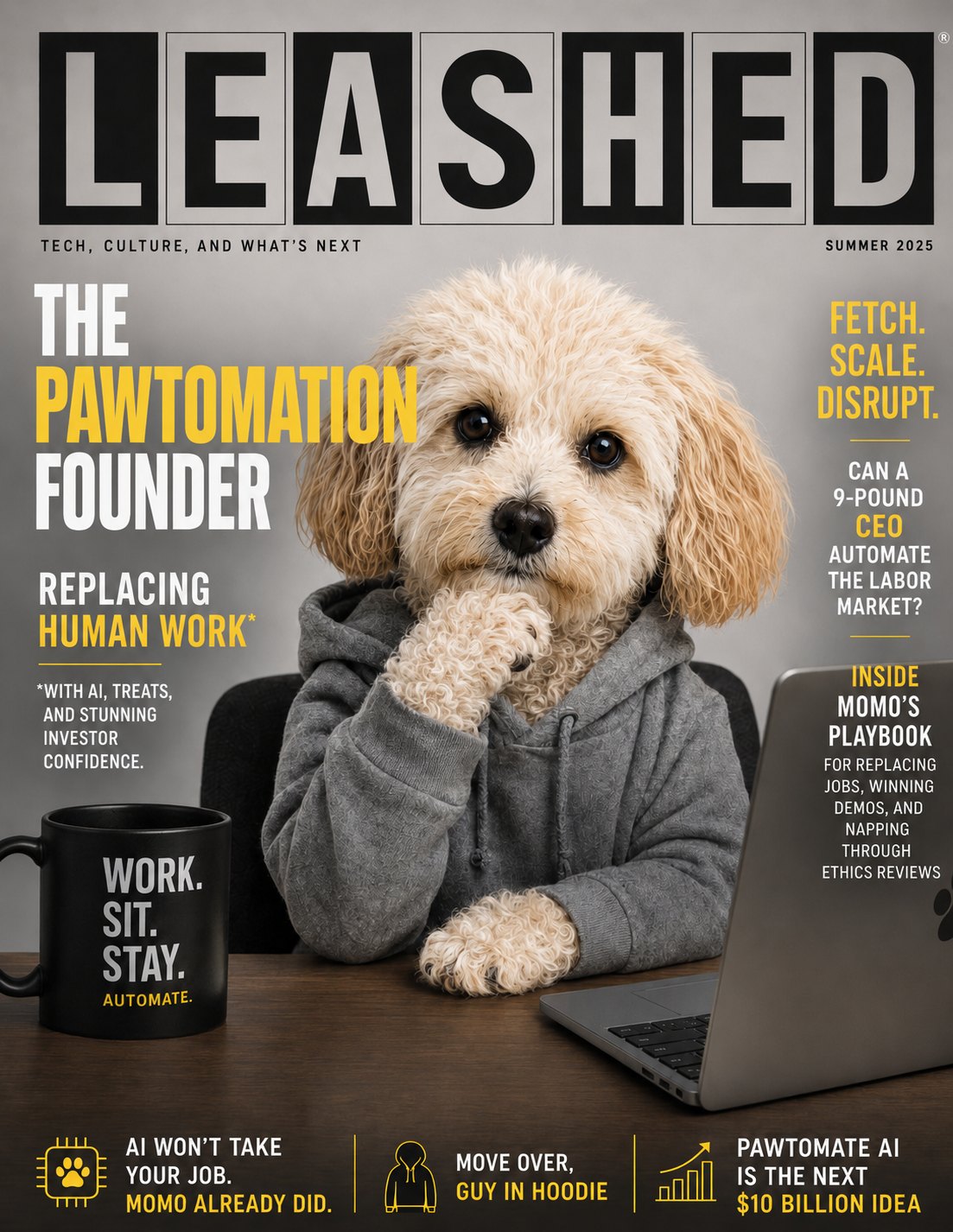 A LEASHED magazine cover profiling Momo as a tech founder.