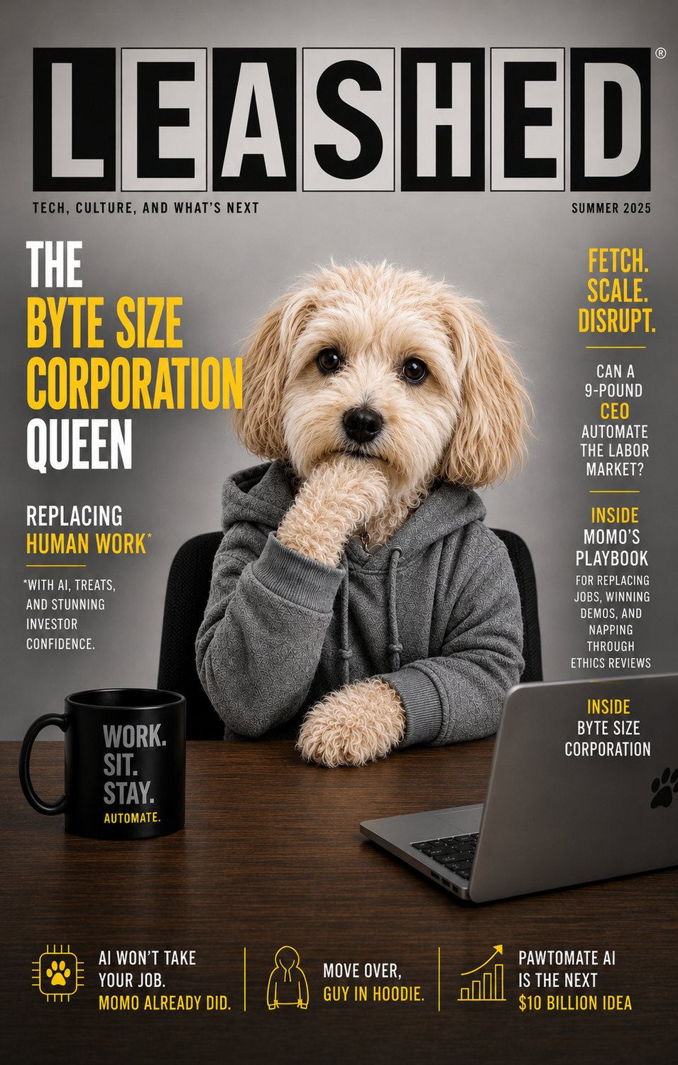LEASHED magazine cover, 'The Pawtomation Founder', with Momo in a grey hoodie, a paw to her chin, beside a 'Work. Sit. Stay. Automate.' mug.