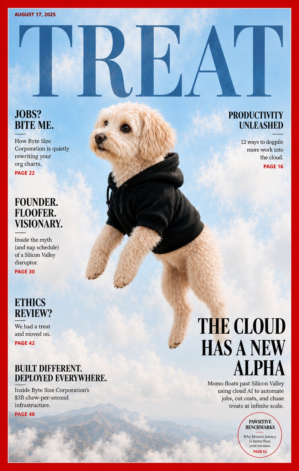 TREAT magazine cover, 'The Cloud Has a New Alpha', with Momo in a hoodie soaring through clouds over Silicon Valley.