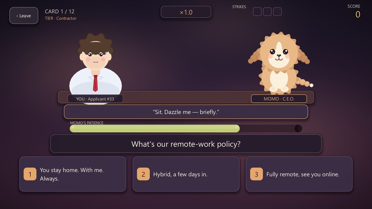 Pawsitions, the interview game: Momo, drawn as a cartoon cavapoo CEO, conducts a multiple-choice interview with a nervous applicant.