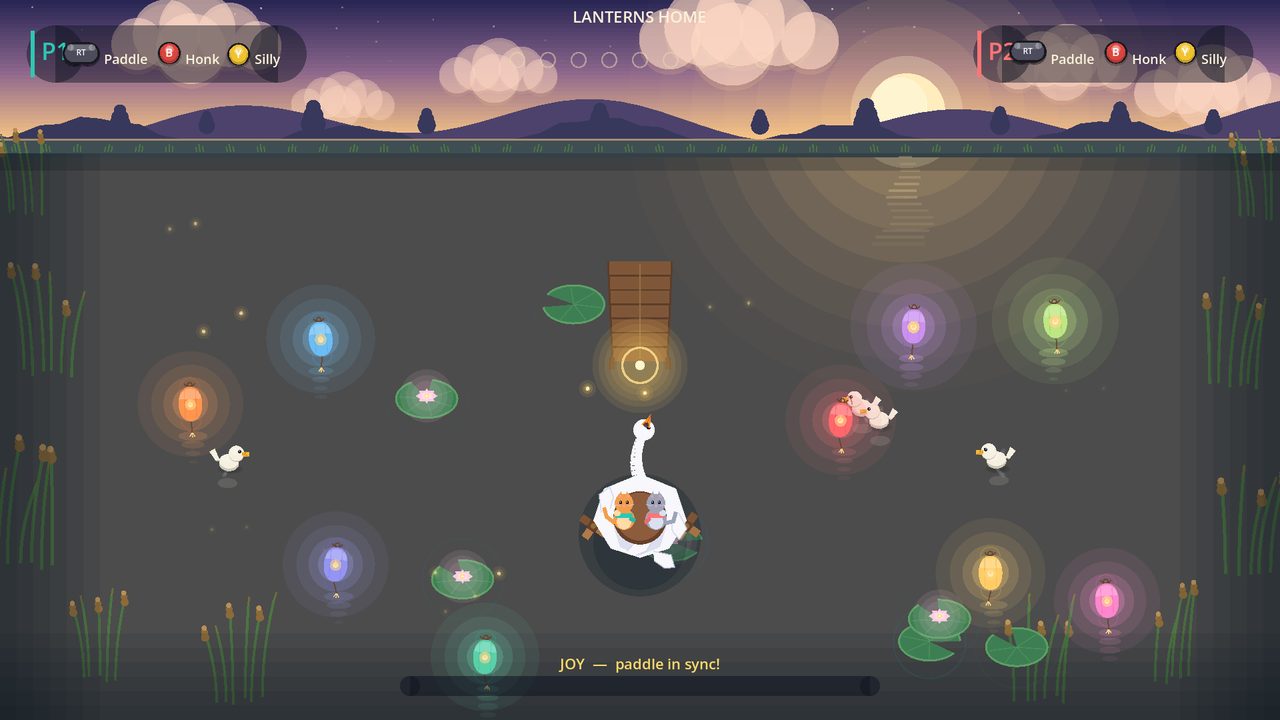 Ponduet, the co-op game: two cats share a swan-shaped boat on a lantern-lit pond, paddling in sync.
