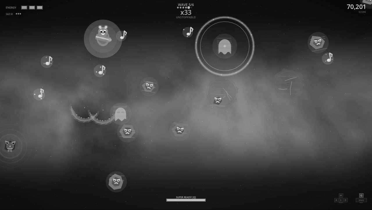 Screenshot of SazHd, a colourful arcade shooter full of cute glowing monsters.