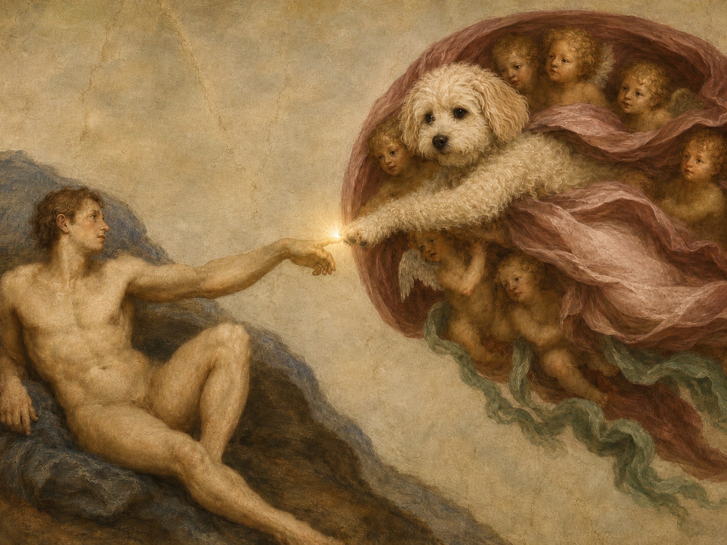 A renaissance fresco in the manner of Michelangelo's Creation of Adam, with Momo the cavapoo in the place of God, extending a paw toward a reclining human and emitting a spark of creation.