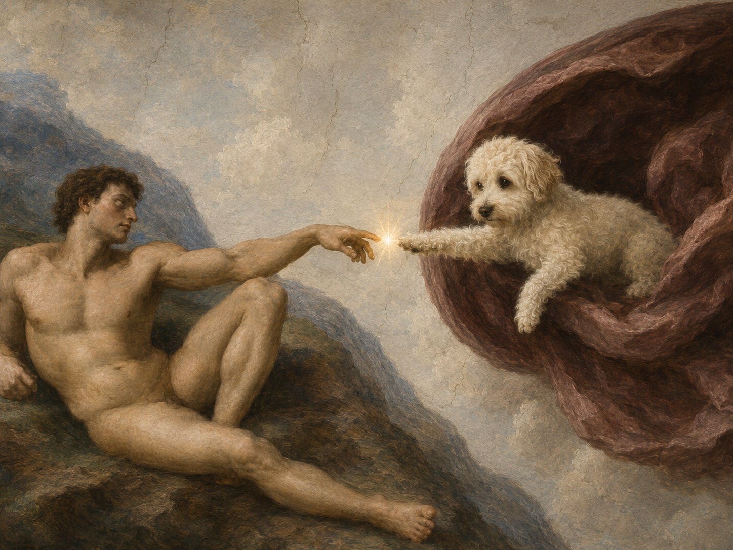 A renaissance fresco in the manner of Michelangelo's Creation of Adam, with Momo the cavapoo in the place of God, extending a paw toward a reclining human and emitting a spark of creation.