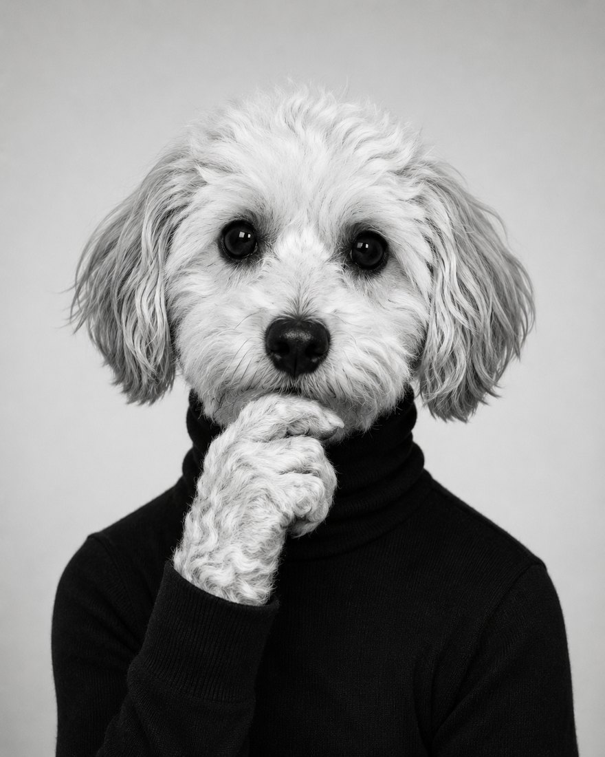Black-and-white portrait of Momo, a cavapoo, in a black turtleneck with a paw raised thoughtfully to her chin, in the manner of a famous technology founder.