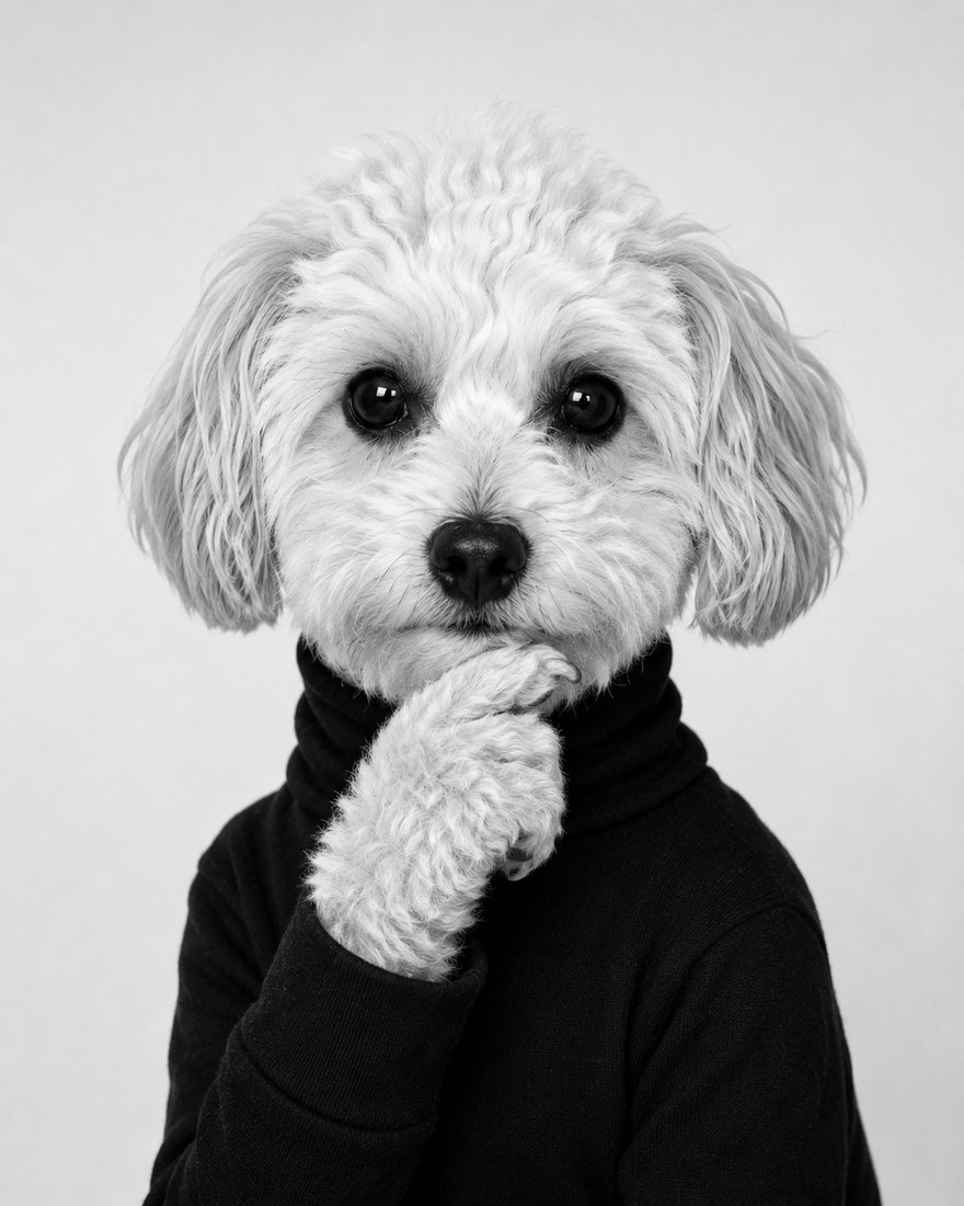 Black-and-white portrait of Momo, a cavapoo, in a black turtleneck with a paw raised to her chin, in the manner of a famous technology founder.