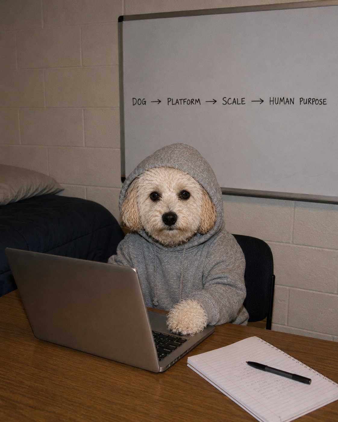 Momo at a laptop in a dorm room, a whiteboard thesis behind her.