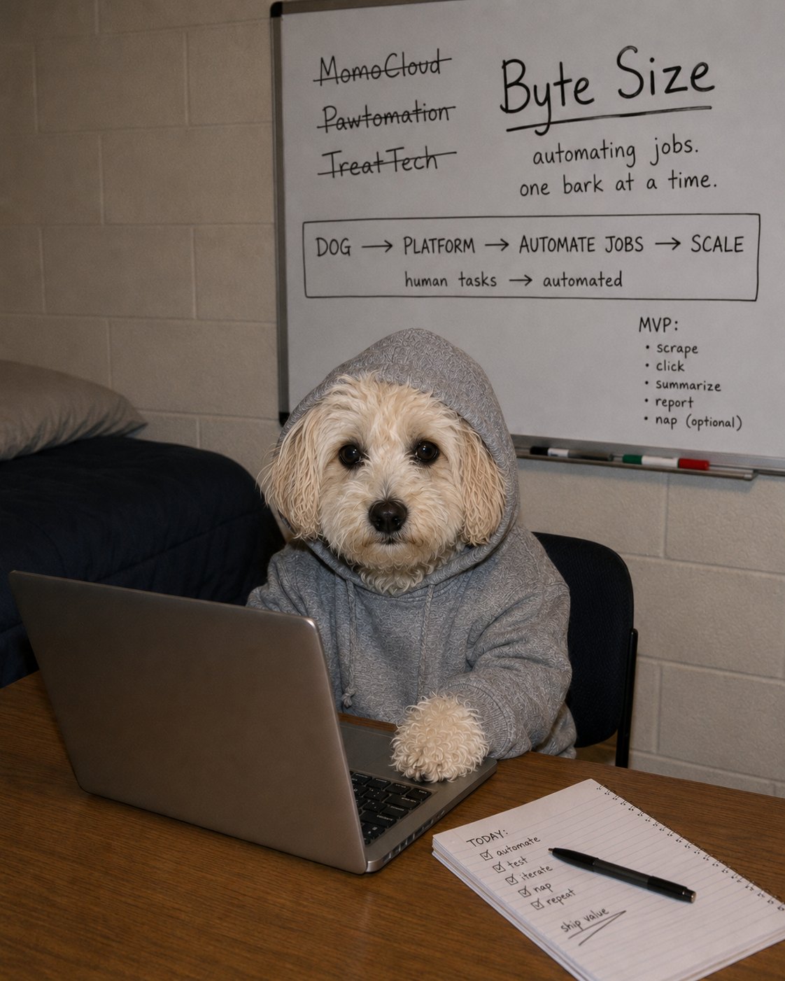 Momo, a small cavapoo in a gray hoodie, at a laptop in a dorm room. A whiteboard behind her reads: DOG, PLATFORM, SCALE, HUMAN PURPOSE.