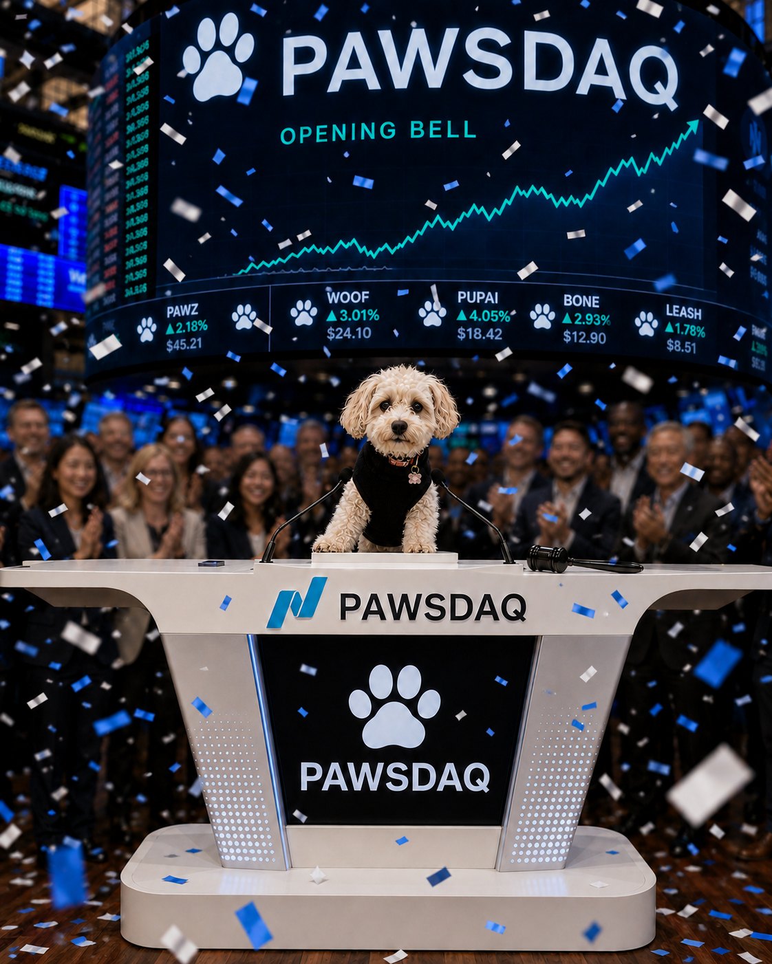 Momo at the PAWSDAQ exchange for an opening bell.