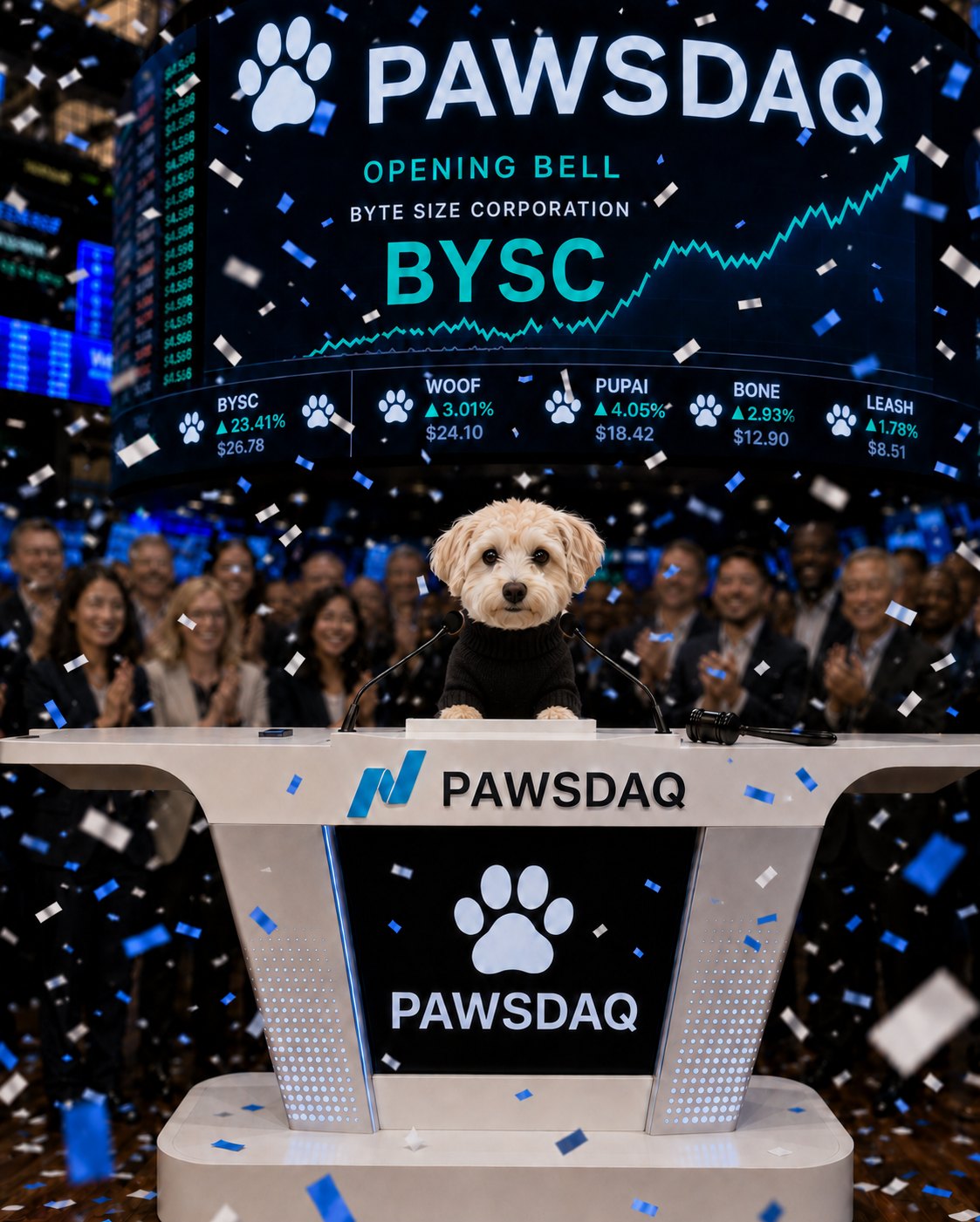 Momo ringing the opening bell at the PAWSDAQ exchange, confetti falling, a crowd of humans applauding behind her.