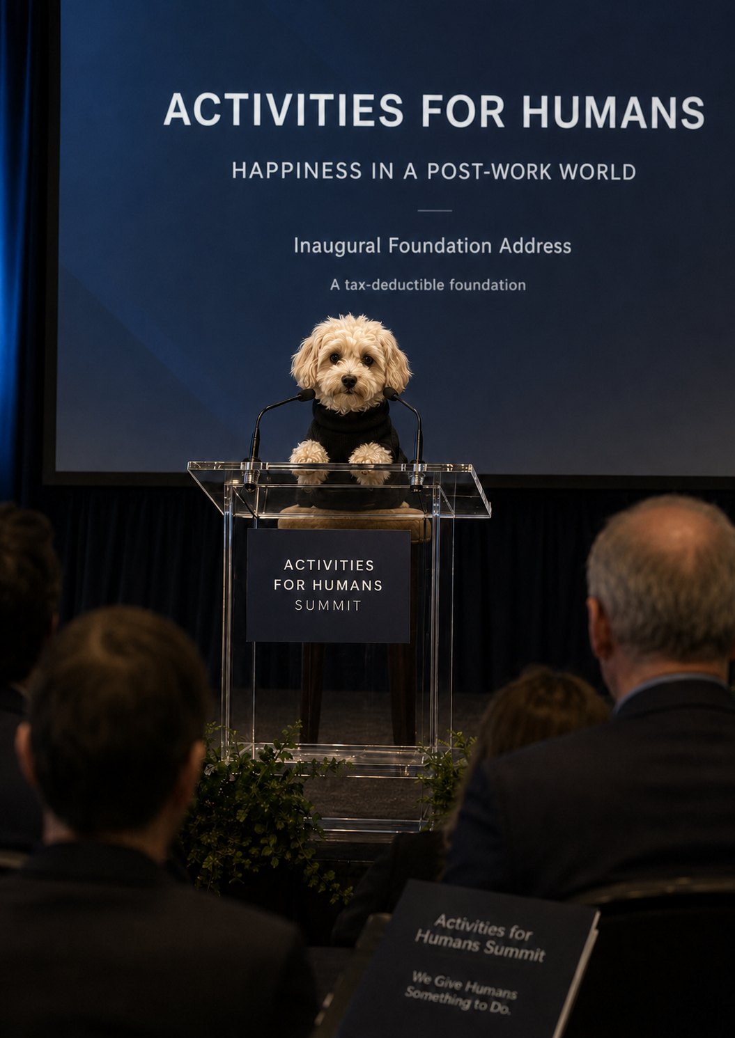 Momo behind a clear lectern at the inaugural Activities for Humans foundation summit, a screen reading 'Happiness in a Post-Work World' behind her.
