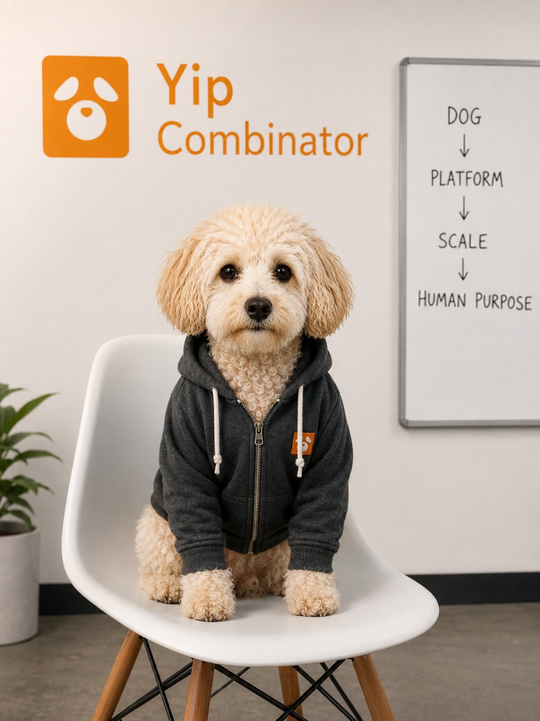 Momo at a startup accelerator beside the Yip Combinator logo.