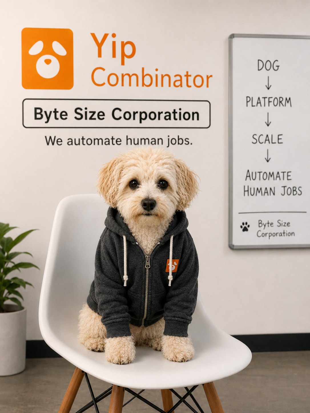Momo in a dark hoodie at a startup accelerator, beside the orange Yip Combinator logo and a whiteboard listing DOG, PLATFORM, SCALE, HUMAN PURPOSE.